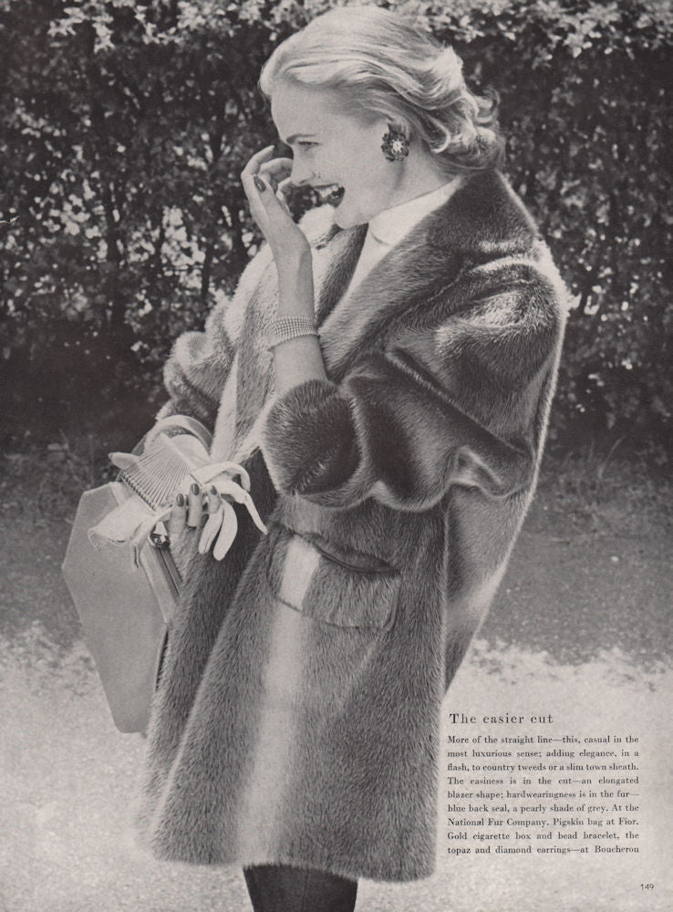 The easier cut. Blue black seal fur. Fashion. BRITISH VOGUE 1955 old print
